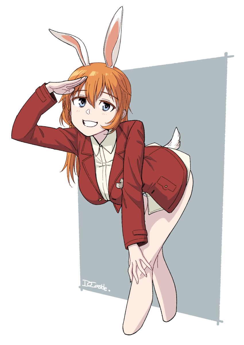 1girl 501st_joint_fighter_wing absurdres animal_ears bent_over blue_eyes charlotte_e._yeager dragoncastle eyebrows_visible_through_hair grey_background highres jacket looking_at_viewer orange_hair rabbit_ears rabbit_girl rabbit_tail red_jacket salute shirt solo strike_witches tail white_background white_shirt world_witches_series