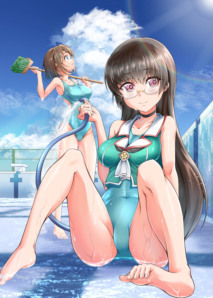2girls absurdres aqua_swimsuit ascot barefoot beret black_hair blue_eyes blue_sky brown_hair choukai_(kancolle) cleaning_brush cloud commentary_request competition_swimsuit day empty_pool full_body glasses hat highres hose kantai_collection legs long_hair looking_at_viewer maya_(kancolle) multiple_girls one-piece_swimsuit oohasikennta2002 outdoors purple_eyes rimless_eyewear short_hair sky solo_focus swimsuit water white_neckwear