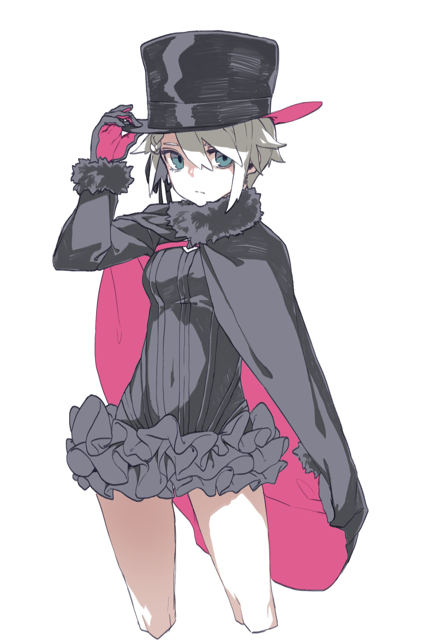 1girl absurdres ange_(princess_principal) black_cape black_gloves black_headwear blonde_hair blue_eyes cape closed_mouth covered_navel gloves hair_between_eyes hand_on_headwear hand_up hat highres leotard looking_at_viewer multicolored multicolored_clothes multicolored_gloves multicolored_hair pink_cape princess_principal red_gloves reiga_(act000) simple_background solo top_hat two-sided_cape two-sided_fabric two-tone_hair white_background