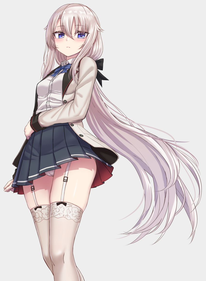 1girl 9a-91_(girls'_frontline) absurdres blue_eyes blue_neckwear blush bow bowtie closed_mouth eyebrows_visible_through_hair garter_straps girls'_frontline grey_background highres jacket long_hair long_sleeves looking_at_viewer panties pleated_skirt school_uniform shirt silver_hair skirt solo thighhighs underwear very_long_hair white_panties white_shirt yakob_labo