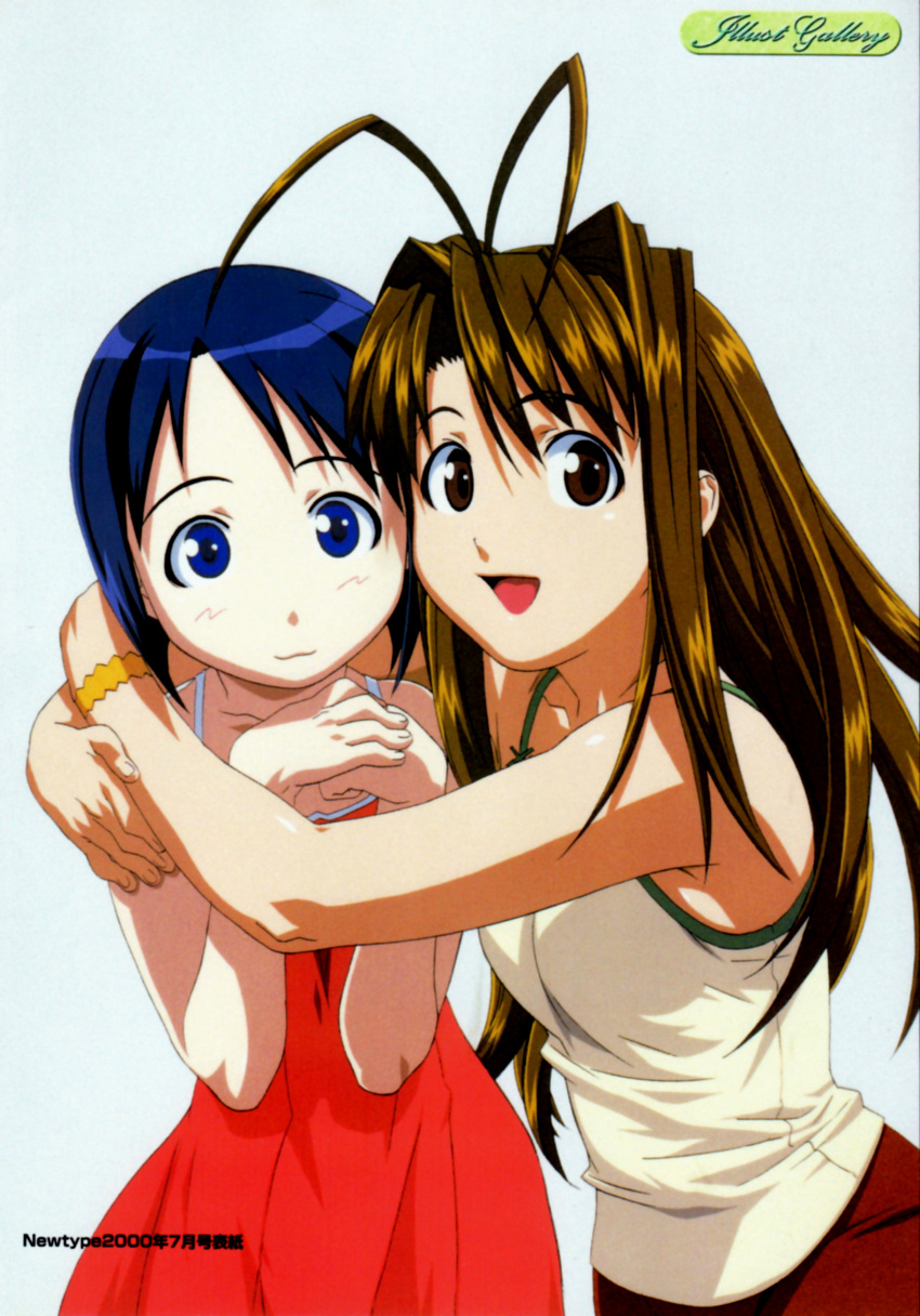 2girls :3 :d absurdres antenna_hair arms_around_back bangs bare_shoulders black_eyes blue_eyes bob_cut bracelet brown_hair camisole closed_mouth collarbone dress green_camisole hair_between_eyes hair_intakes hands_clasped hands_together heads_together highres hug jewelry kneeling light_blush looking_at_viewer love_hina maehara_shinobu multiple_girls narusegawa_naru non-web_source official_art open_mouth own_hands_together promotional_art raised_eyebrows red_dress red_skirt scan short_hair simple_background skirt sleeveless sleeveless_dress smile standing sundress translated uno_makoto upper_body white_background