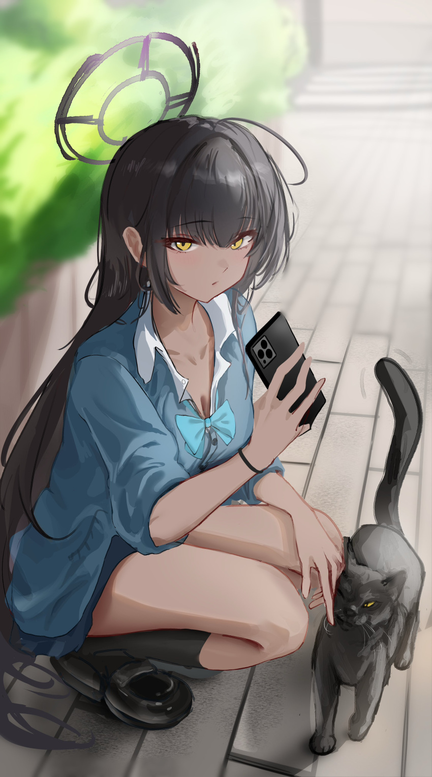 absurdres ahoge black_cat black_hair blue_archive blue_bow blue_bowtie bow bowtie breasts cat cleavage closed_mouth collared_shirt dark_skin halo hashtag-only_commentary highres holding holding_phone karin_(blue_archive) long_hair partially_unbuttoned phone purple_halo seeyouu73 shirt squatting very_long_hair white_shirt yellow_eyes