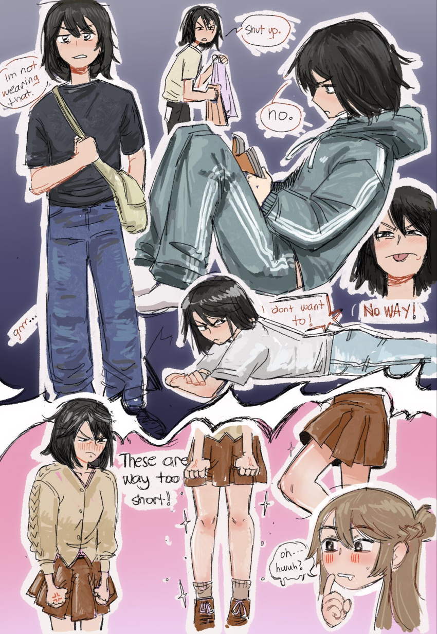 2girls bag black_eyes black_hair black_shirt blue_hoodie blue_jacket blue_pants blush book braid brown_eyes brown_hair brown_skirt brown_sweater commentary drooling english_commentary english_text grugby half_up_braid highres holding holding_book hood hoodie jacket looking_at_another medium_hair miyagi_shiori multiple_girls pants reading sendai_hazuki shirt shoulder_bag shuuniichido_classmate_wo_kau_hanashi skirt sparkle speech_bubble sweater tongue tongue_out track_jacket track_pants white_shirt yellow_shirt yuri