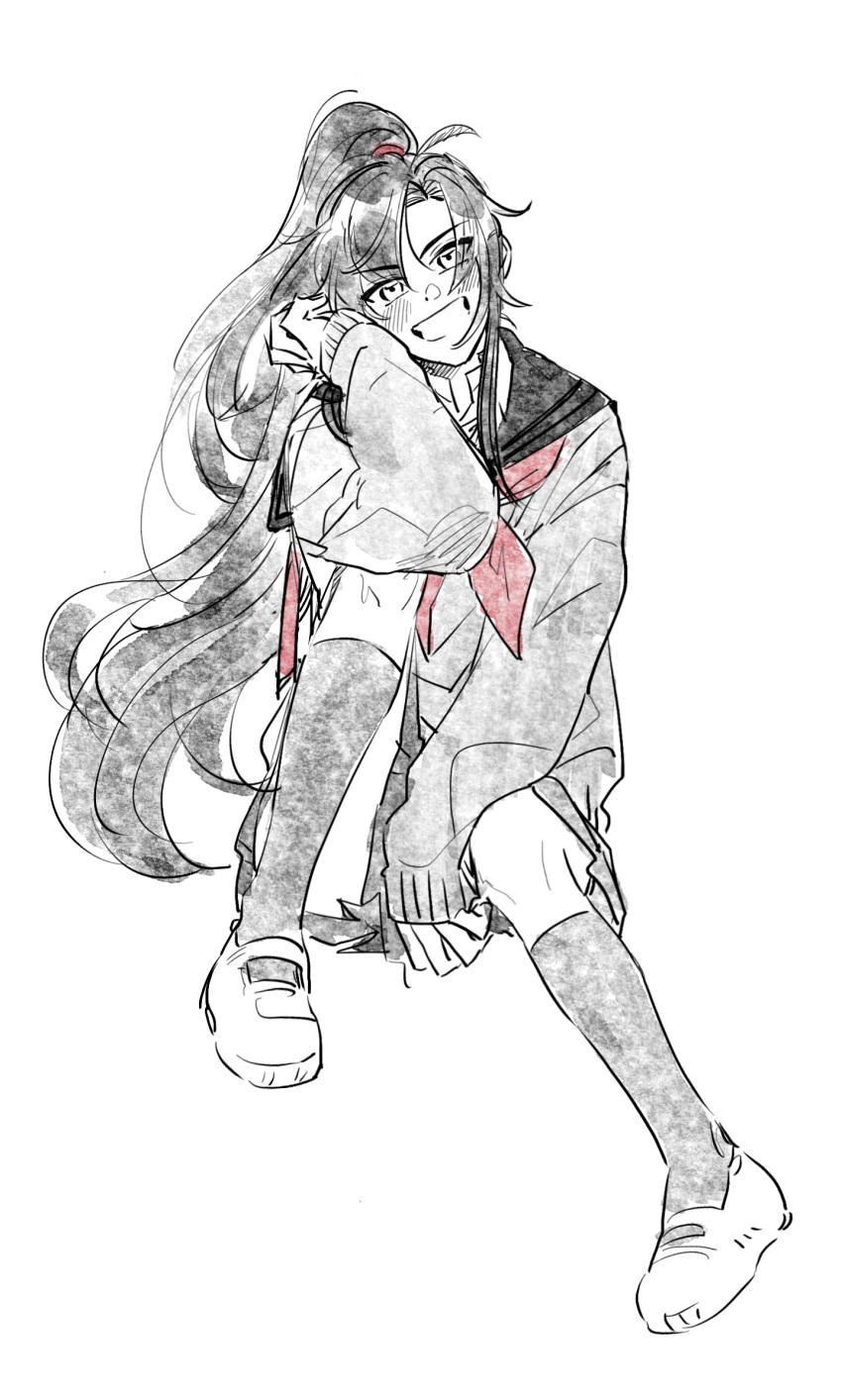 1girl ahoge alternate_costume between_legs black_hair black_serafuku black_skirt black_socks black_sweater blush commentary_request contemporary elbow_rest full_body genderswap genderswap_(mtf) grin hair_ribbon hand_between_legs hand_up head_rest head_tilt high_ponytail highres invisible_chair knee_up kneehighs korean_commentary long_hair long_sleeves looking_at_viewer melmerry modao_zushi monochrome neckerchief pleated_skirt ponytail red_neckerchief red_ribbon ribbon sailor_collar school_uniform serafuku shoes sidelocks simple_background sitting skirt sleeves_past_wrists smile socks solo spot_color sweater very_long_hair wei_wuxian white_background