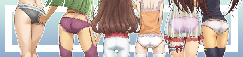 6+girls absurdres alina_gray amane_tsukasa amane_tsukuyo annotated arm_at_side ass ass_focus ass_grab azusa_mifuyu babydoll bare_arms bare_back black_legwear black_tank_top blue_background border brand_name_imitation brown_hair camisole child close-up commentary_request contrapposto curly_hair dimples_of_venus facing_away fingernails frilled_babydoll frilled_straps frills from_behind garter_belt grabbing_another's_ass gradient gradient_background green_background green_hair grey_panties groping hair_strand hand_on_another's_ass hand_on_ass hand_on_hip highres hiiragi_nemu horizontal_stripes jewelry lace lace-trimmed_camisole lace-trimmed_legwear lace-trimmed_panties lace_trim leggings legs_together lineup lingerie long_hair long_image lower_body magia_record:_mahou_shoujo_madoka_magica_gaiden mahou_shoujo_madoka_magica multiple_girls no_pants orange_camisole outline panties pink_panties polka_dot polka_dot_camisole purple_legwear red_camisole red_ribbon ribbon ribbon_legwear ring satomi_touka shoulder_blades siblings sisters skindentation skinny spaghetti_strap straight_hair strap_slip striped striped_panties tank_top thick_thighs thigh_gap thigh_strap thighhighs thighs twins twintails underwear underwear_only white_legwear white_outline white_panties wide_image yellow_ribbon you2 yuri