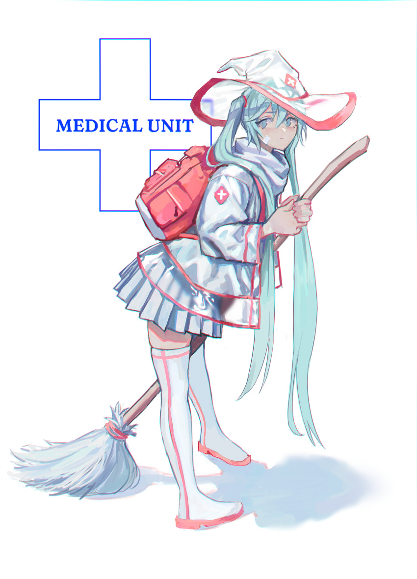 1girl aqua_eyes aqua_hair backpack bag bandaid bandaid_on_face boots broom chromatic_aberration closed_mouth commentary english_commentary english_text full_body greek_cross hair_between_eyes hands_up hat hatsune_miku highres holding holding_broom jacket leaning_forward long_hair long_sleeves looking_at_viewer looking_to_the_side pink_bag scarf shadow skirt solo standing thigh_boots thighhighs transparent_headwear twintails vertigris very_long_hair vocaloid white_background white_footwear white_jacket white_legwear white_scarf white_skirt witch witch_hat