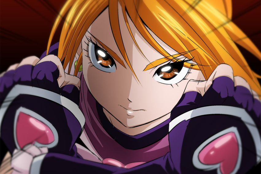1girl bangs black_gloves blonde_hair brown_eyes clenched_hands closed_mouth cure_black earrings elbow_gloves eyebrows_visible_through_hair fingerless_gloves frilled_gloves frills fuchi_(nightmare) futari_wa_precure gloves hair_between_eyes jewelry misumi_nagisa portrait precure shiny shiny_hair short_hair solo swept_bangs v-shaped_eyebrows