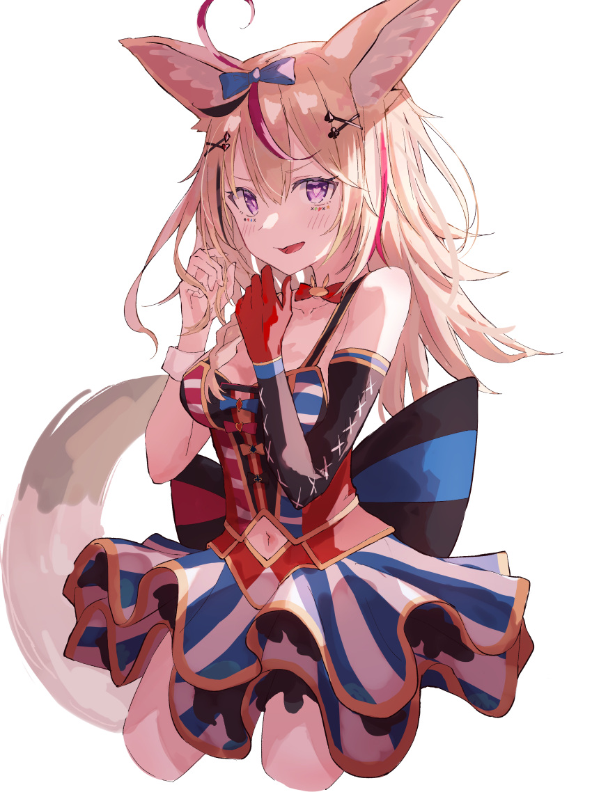 1girl absurdres animal_ears back_bow bare_shoulders black_gloves black_hair blonde_hair blue_bow blue_dress bow bowtie breasts clothing_cutout club_hair_ornament collarbone commentary_request cropped_legs diamond_(shape) diamond_hair_ornament dress elbow_gloves facepaint fox_ears fox_girl fox_tail gloves hair_bow hair_ornament hands_up heart heart-shaped_pupils heart_hair_ornament highres hololive konbu1147 long_hair looking_at_viewer medium_breasts multicolored_hair navel navel_cutout omaru_polka parted_lips pink_hair purple_eyes purple_hair red_dress red_gloves red_neckwear simple_background single_glove solo spade_(shape) spade_hair_ornament star_(symbol) streaked_hair striped striped_dress symbol-shaped_pupils tail virtual_youtuber white_background white_dress wrist_cuffs