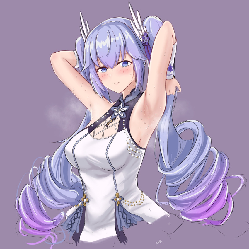 1girl a-soul armpits arms_behind_head arms_up ava_(a-soul) bangs blush can142857 commentary_request eyebrows_visible_through_hair gauntlets hair_ornament highres long_hair looking_at_viewer purple_background purple_eyes purple_hair simple_background sleeveless smell steam steaming_body sweat twintails upper_body virtual_youtuber