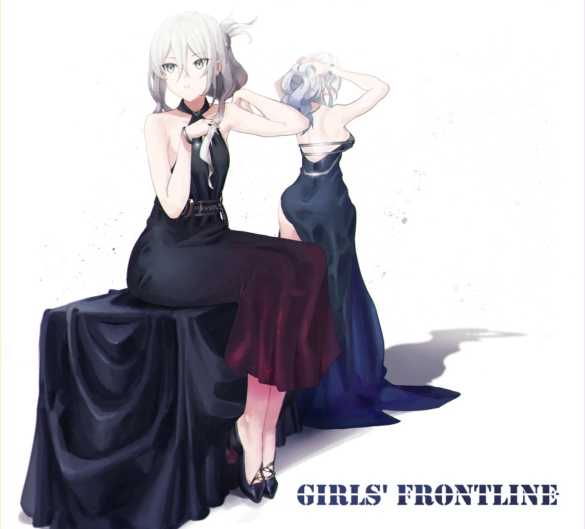 2girls ak-12_(girls'_frontline) an-94_(girls'_frontline) background_text bare_shoulders black_dress commentary_request copyright_name dress evening_gown ggab0621 girls'_frontline gradient hair_ornament hairclip high_heels highres multiple_girls official_alternate_costume shadow silver_hair simple_background sitting