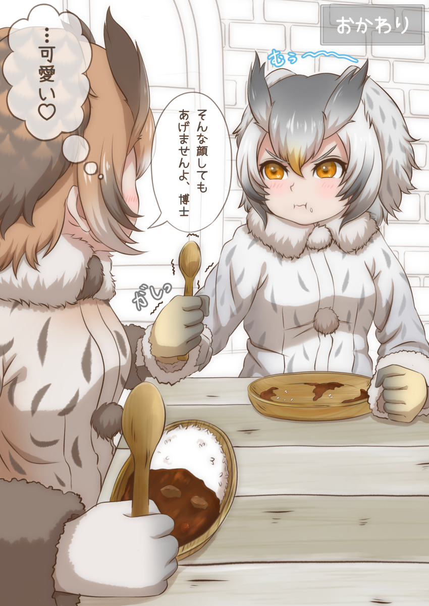 2girls :i absurdres black_hair blonde_hair blush brown_coat brown_hair clenched_hands closed_mouth coat commentary curry curry_rice eurasian_eagle_owl_(kemono_friends) food food_on_face fur_collar gloves grabbing grey_coat grey_hair hair_between_eyes heart highres holding holding_spoon ibuki_s_forpm indoors kemono_friends long_sleeves looking_at_another medium_hair multicolored_hair multiple_girls northern_white-faced_owl_(kemono_friends) orange_eyes owl_ears plate pom_pom_(clothes) rice sidelocks spoon struggling table translation_request trembling upper_body v-shaped_eyebrows wooden_spoon wrist_grab