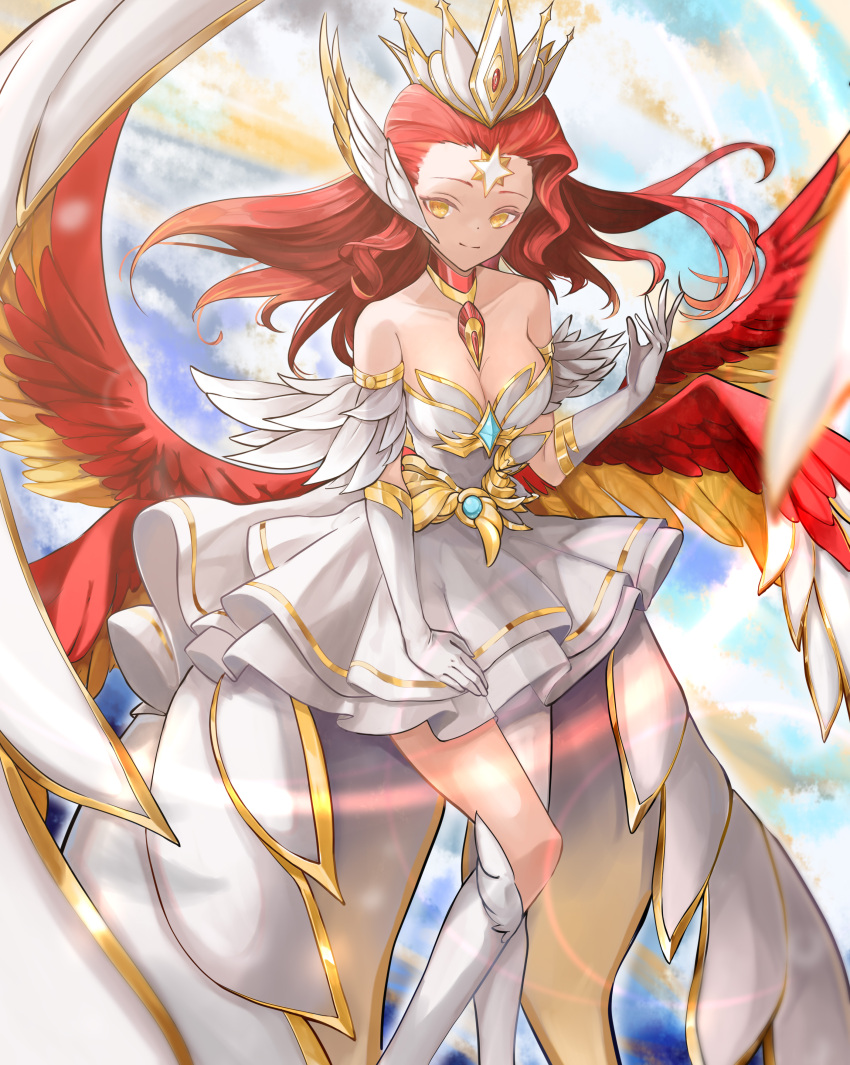 1girl absurdres afk_arena angel angel_wings breasts cleavage dress elbow_gloves feathered_wings gloves hanasawa_(pixiv53877974) head_wings highres large_breasts long_hair orange_hair talene_(afk_arena) white_dress white_gloves white_legwear wings yellow_eyes