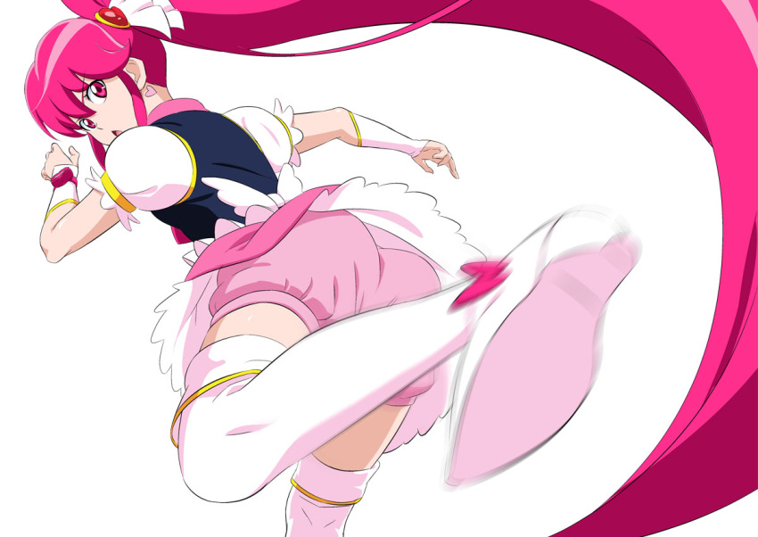 1girl absurdly_long_hair aino_megumi bangs black_vest boots cure_lovely detached_sleeves eyebrows_visible_through_hair floating_hair fuchi_(nightmare) hair_between_eyes happinesscharge_precure! long_hair miniskirt motion_blur open_mouth pink_shorts ponytail precure red_eyes red_hair shiny shiny_hair shirt short_shorts short_sleeves shorts shorts_under_skirt simple_background skirt solo thigh_boots thighhighs very_long_hair vest white_background white_footwear white_shirt white_skirt white_sleeves zettai_ryouiki