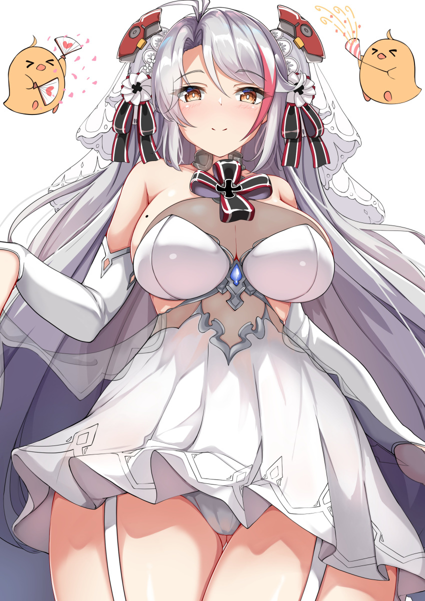 &gt;_&lt; 1girl absurdres antenna_hair azur_lane bangs blush breasts bridal_veil brown_eyes closed_eyes closed_mouth commentary_request dress eyebrows_visible_through_hair folding_fan from_below garter_straps grey_hair hair_between_eyes hand_fan headgear highres large_breasts long_hair looking_at_viewer looking_down manjuu_(azur_lane) mole mole_on_breast moyoron multicolored_hair official_alternate_costume panties party_popper prinz_eugen_(azur_lane) prinz_eugen_(symphonic_fate)_(azur_lane) red_hair see-through sketch smile streaked_hair thighhighs underwear veil very_long_hair wedding_dress white_dress white_legwear white_panties