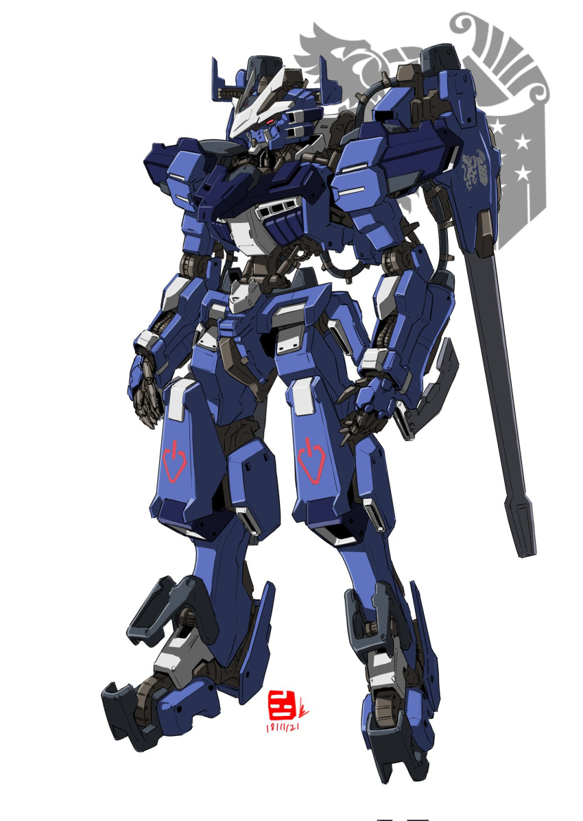 dated english_commentary gundam gundam_tekketsu_no_orphans highres looking_ahead mecha mobile_suit no_humans open_hands original pravin_rao_santheran science_fiction solo v-fin white_background