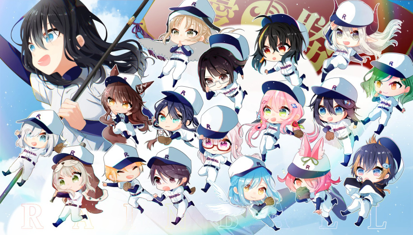 3boys 6+girls :o animal_ears animal_hood annotated ars_almal azuchi_momo baseball_cap baseball_uniform black_hair blue_eyes brown_eyes brown_hair chibi demon_girl demon_horns emma_august fox_ears fox_girl fumi_(nijisanji) gaon_(nijisanji) glasses green_eyes gundou_mirei hair_behind_ear hands_together hat highres hood horns kanda_shouichi kitakouji_hisui long_hair medium_hair mirukuciz miyu_ottavia moira_(nijisanji) multicolored_hair multiple_boys multiple_girls nagao_kei nijisanji nijisanji_en nijisanji_id nijisanji_kr onomachi_haruka petra_gurin purple_eyes running seto_miyako short_hair silver_hair sister_cleaire smile sorahoshi_kirame sportswear streaked_hair sukoya_kana twintails virtual_youtuber white_headwear yang_nari yellow_eyes