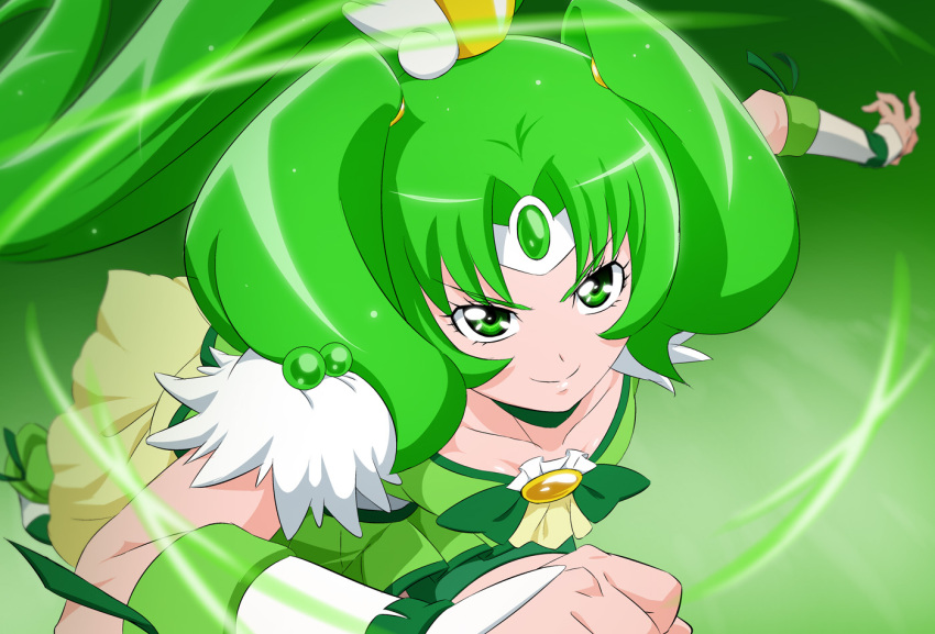 1girl choker circlet closed_mouth collarbone cure_march detached_sleeves fuchi_(nightmare) green_background green_choker green_eyes green_hair green_ribbon green_shirt green_shorts green_skirt hair_intakes hair_ornament long_hair midorikawa_nao miniskirt pleated_skirt precure ribbon running shiny shiny_hair shirt short_sleeves shorts shorts_under_skirt skirt smile smile_precure! solo twintails v-shaped_eyebrows white_sleeves