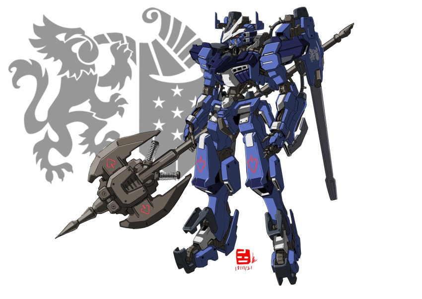 axe dated english_commentary gundam gundam_tekketsu_no_orphans highres holding holding_axe looking_ahead mecha mobile_suit no_humans open_hand original pravin_rao_santheran science_fiction solo v-fin white_background