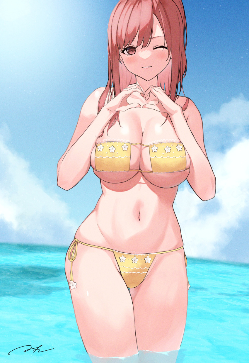 1girl absurdres bikini breasts cleavage cloud dead_or_alive dead_or_alive_5 dead_or_alive_xtreme eyepatch_bikini heart heart_hands highres hoki1314 honoka_(doa) large_breasts medium_hair navel ocean one_eye_closed sky smile solo standing submerged swimsuit