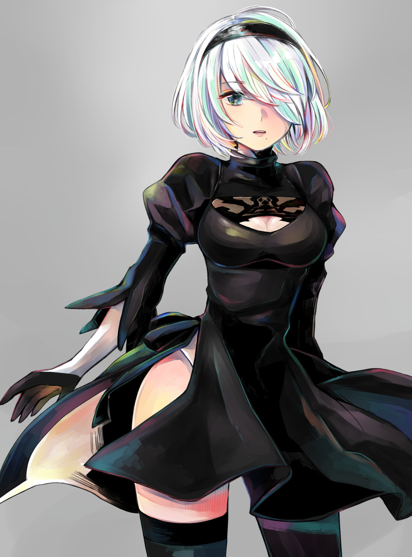 1girl :o absurdres bangs black_dress black_footwear black_gloves blue_eyes boots breasts cleavage dress gloves grey_background hair_over_one_eye headband highres long_sleeves mole mole_under_mouth nier_(series) nier_automata open_clothes richard_(ri39p) short_hair simple_background solo teeth thigh_boots thighhighs yorha_no._2_type_b
