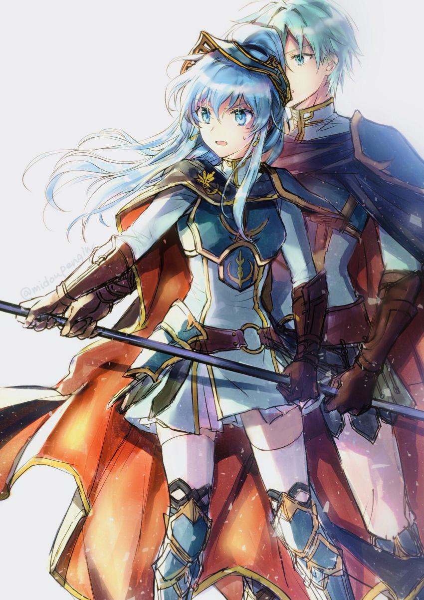 1boy 1girl alternate_costume alternate_hairstyle aqua_eyes aqua_hair armor bangs belt breastplate brother_and_sister cape cosplay earrings eirika_(fire_emblem) ephraim_(fire_emblem) ephraim_(fire_emblem)_(cosplay) eyebrows_visible_through_hair fire_emblem fire_emblem:_the_sacred_stones fire_emblem_heroes gloves hair_between_eyes highres holding holding_weapon jewelry lance long_hair mintes official_alternate_costume open_mouth pauldrons polearm ponytail shoulder_armor siblings sidelocks skirt sweatdrop thighhighs twins twitter_username weapon white_background