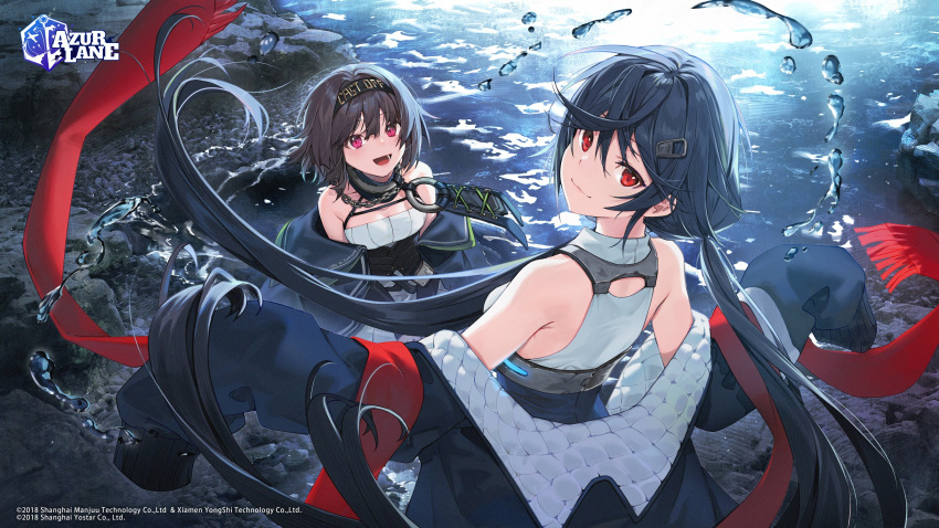 2girls allen_m._sumner_(azur_lane) azur_lane bangs bare_shoulders black_hair black_jacket blue_jacket breasts cleavage collar cooper_(azur_lane) highres jacket large_breasts long_hair long_sleeves looking_at_viewer metal_collar multiple_girls nagu o-ring_collar off_shoulder open_clothes open_jacket open_mouth purple_eyes red_eyes red_scarf scarf smile twintails very_long_hair water