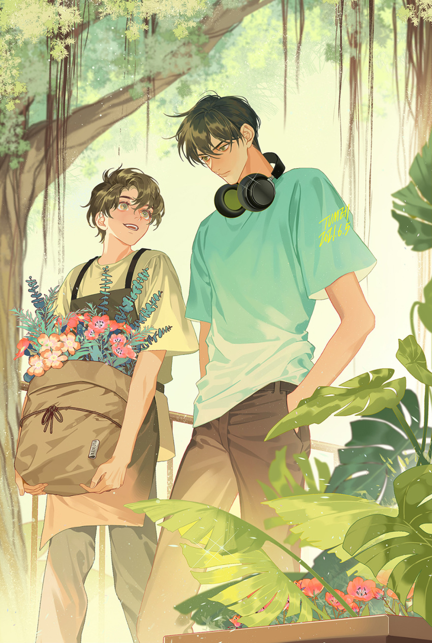 2boys brown_hair closed_mouth face-to-face flower garderobe_uniform green_eyes green_shirt hand_in_pocket headphones headphones_around_neck highres holding leaf looking_at_another male_focus multiple_boys open_mouth original railing red_flower shirt short_hair smile tree tumeii