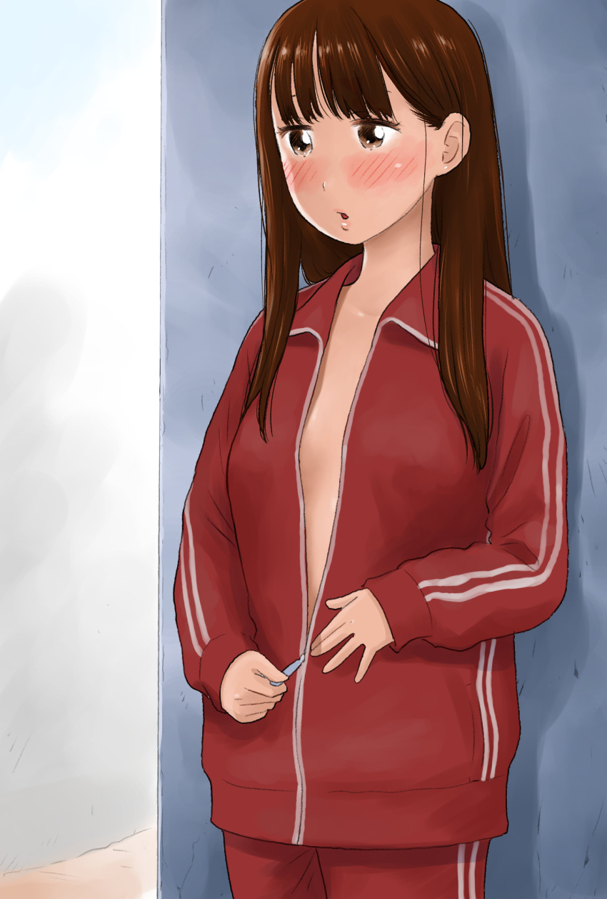1girl bangs blunt_bangs blush brown_eyes brown_hair collarbone exhibitionism eyelashes hair_over_shoulder hair_strand highres jacket long_hair looking_ahead no_bra no_shirt open_clothes open_jacket opened_by_self original pants parted_lips red_jacket red_pants shadow solo standing tatsuro_karma track_jacket track_pants track_suit undressing unzipped wall white_stripes