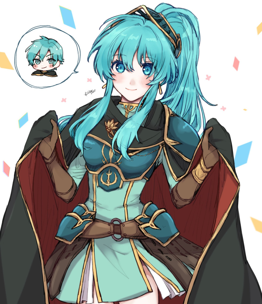 1boy 1girl alternate_costume alternate_hairstyle aqua_eyes aqua_hair armor bangs belt blush breastplate cape cosplay earrings eirika_(fire_emblem) ephraim_(fire_emblem) ephraim_(fire_emblem)_(cosplay) eyebrows_visible_through_hair fire_emblem fire_emblem:_the_sacred_stones fire_emblem_heroes gloves hair_between_eyes highres holding holding_cape jewelry long_hair looking_at_viewer misato_hao official_alternate_costume ponytail sidelocks skirt smile