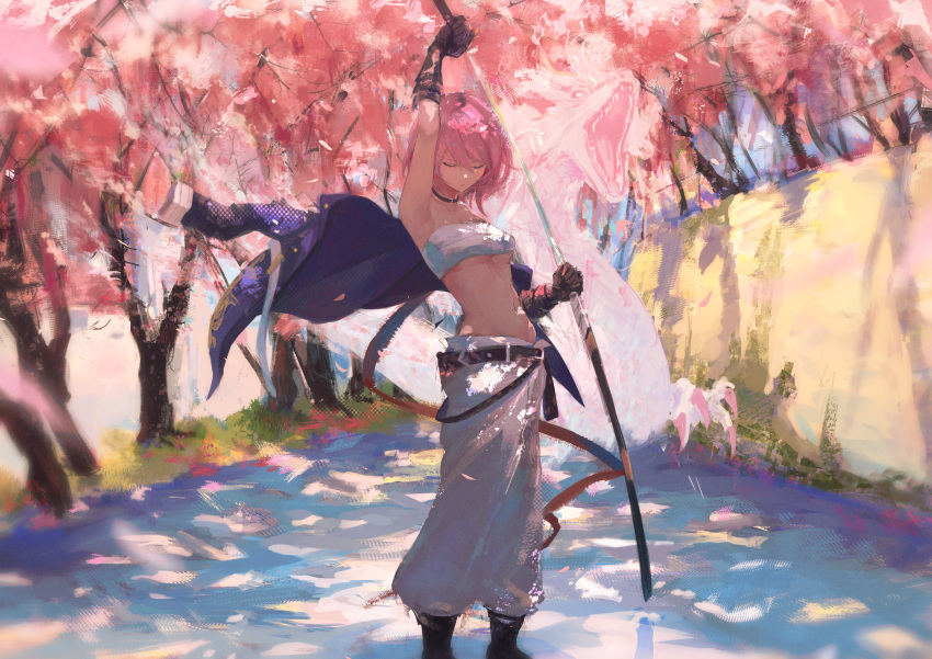 1girl 7ife absurdres alchemy_stars arm_up bangs bare_shoulders belt black_footwear black_gloves breasts cherry_blossoms choker closed_eyes closed_mouth dragon eastern_dragon fence gloves grass highres hiiro_(alchemy_stars) holding holding_sheath holding_sword holding_weapon huge_filesize jacket jacket_removed katana medium_breasts navel outdoors pants petals pink_hair purple_jacket sarashi sheath sheathing short_hair solo standing sword symbol-only_commentary tree weapon white_pants