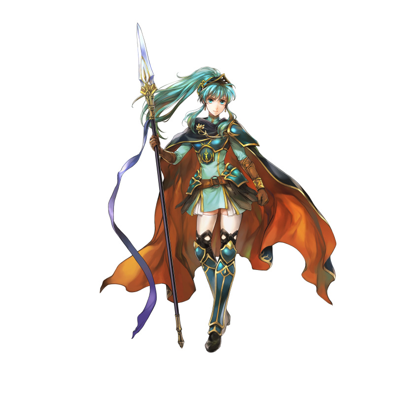 1girl absurdres aqua_eyes aqua_hair armor armored_boots bangs belt boots bracelet breastplate brown_gloves cape clenched_hand closed_mouth commentary dress earrings eirika_(fire_emblem) elbow_gloves fire_emblem fire_emblem:_the_sacred_stones fire_emblem_heroes full_body gloves hair_ornament highres holding holding_weapon jewelry lips long_hair long_sleeves looking_at_viewer official_art polearm ponytail shiny shiny_hair short_dress shoulder_armor sidelocks simple_background solo spear standing thighhighs tied_hair turtleneck wada_sachiko weapon white_background white_legwear zettai_ryouiki