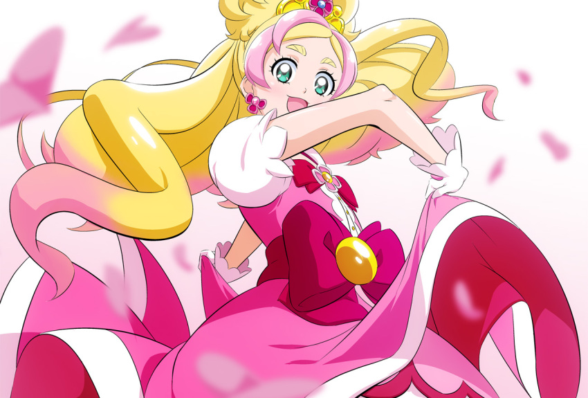 1girl :d bangs blonde_hair bow bowtie cherry_blossoms cowboy_shot cure_flora dress earrings floating_hair fuchi_(nightmare) gloves go!_princess_precure gradient_hair green_eyes haruno_haruka jewelry long_hair looking_at_viewer multicolored_hair open_mouth parted_bangs pink_dress pink_hair precure red_bow red_neckwear shiny shiny_hair short_sleeves skirt_hold smile solo standing very_long_hair white_background white_gloves