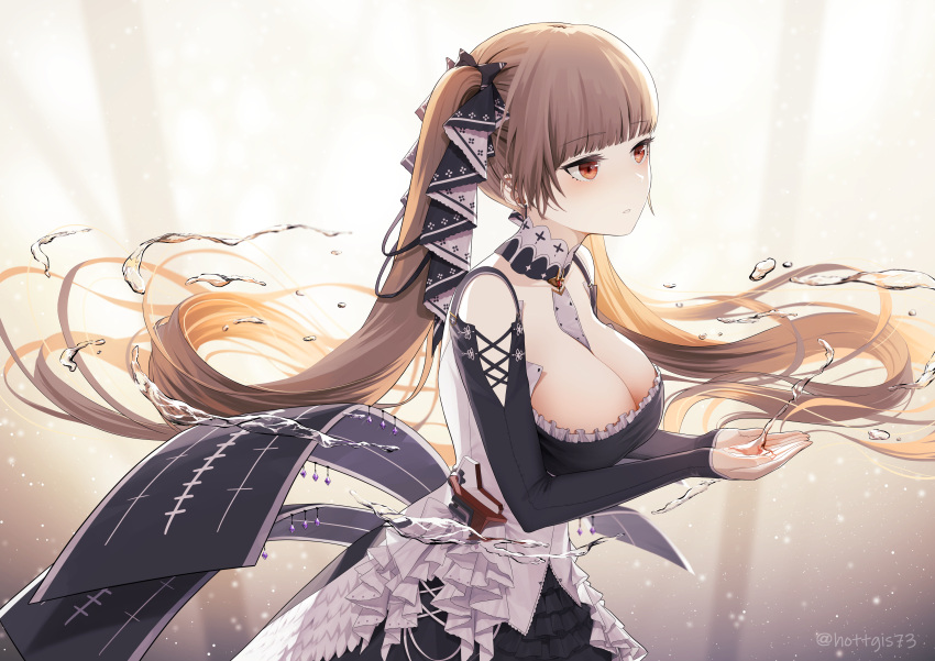 1girl absurdres azur_lane bangs bow bowtie breasts brown_hair dress eyebrows_visible_through_hair eyes_visible_through_hair formidable_(azur_lane) hair_ribbon highres large_breasts long_hair looking_to_the_side orange_eyes reaching_out ribbon shi_niao solo twintails white_background