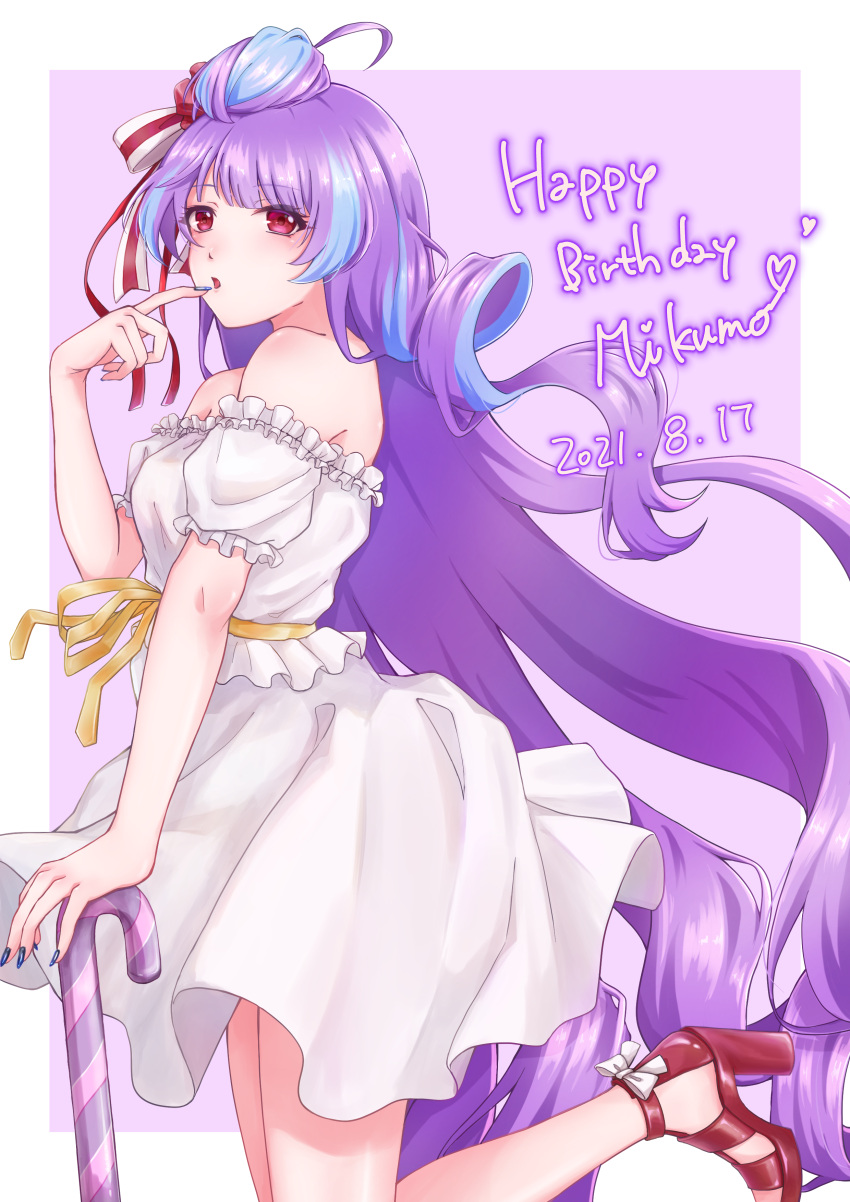 1girl absurdres blue_hair bow cane dated dress eyebrows_visible_through_hair finger_to_mouth hair_bow hair_bun happy_birthday high_heels highres long_hair looking_at_viewer macross macross_delta mikumo_guynemer miyuna multicolored_hair off-shoulder_dress off_shoulder purple_eyes red_eyes red_footwear solo streaked_hair striped striped_bow very_long_hair white_dress