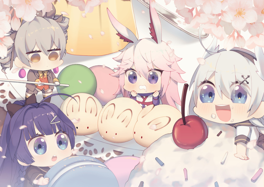 4girls :d aisurori animal_ears antenna_hair bangs benghuai_xueyuan blue_eyes bow bowtie bronya_zaychik bronya_zaychik_(wolf's_dawn) brown_jacket cherry chibi dango drill_hair earrings food food_focus food_on_face fox_ears fruit grey_eyes grey_hair hair_between_eyes hair_bow hair_ornament hairpin holding holding_food honkai_(series) honkai_impact_3rd jacket jewelry kiana_kaslana long_sleeves macaron multiple_girls no_mouth open_mouth pink_hair pudding purple_eyes purple_hair raiden_mei saliva school_uniform short_sleeves smile twin_drills wagashi white_hair yae_sakura yae_sakura_(gyakushinn_miko)