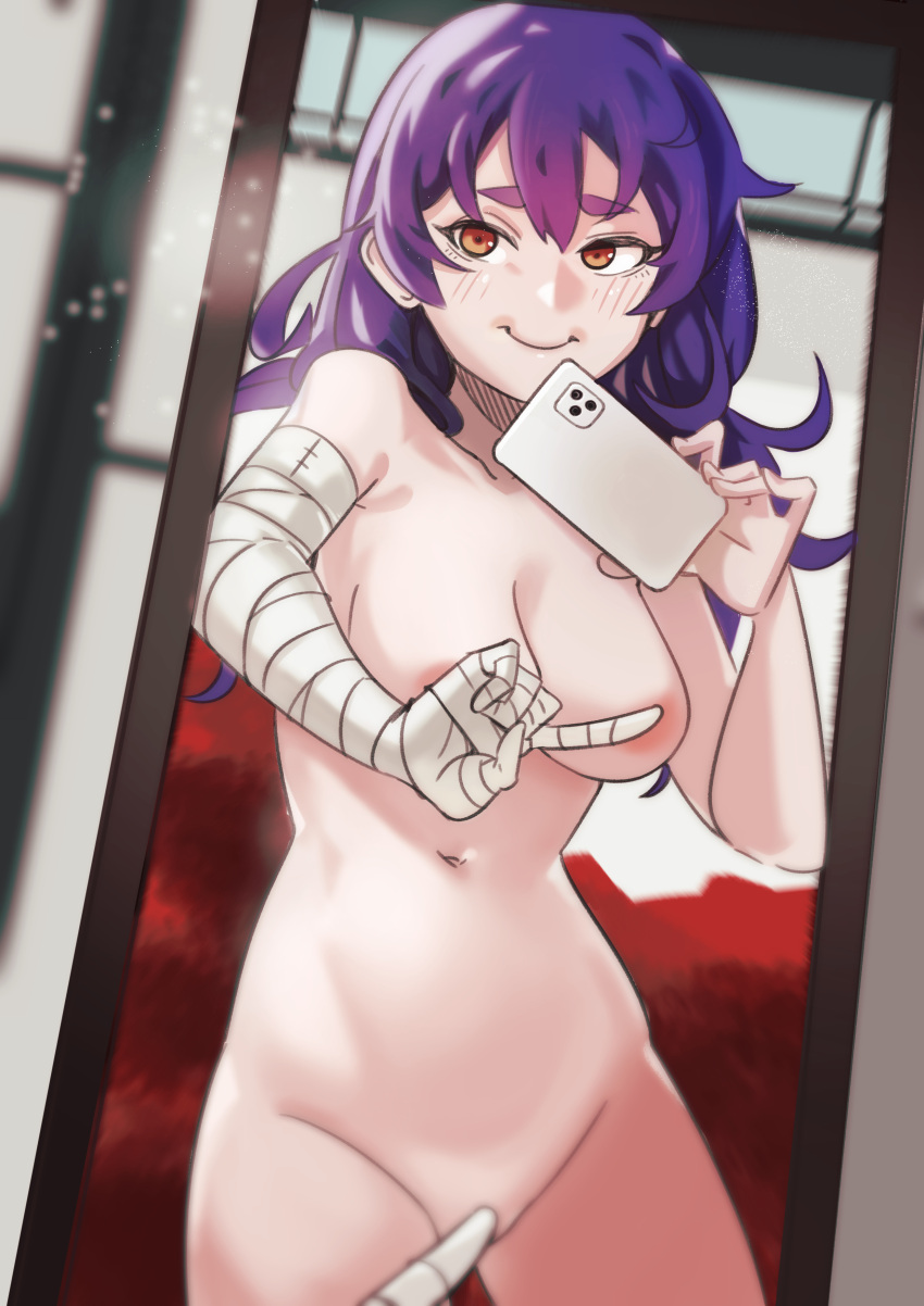 1girl absurdres areolae bangs blush breasts brown_eyes cellphone covering covering_crotch covering_nipples female_pov gen_uma_mai highres holding holding_phone kanbaru_suruga long_hair looking_at_viewer medium_breasts mirror monogatari_(series) navel nude one_finger_selfie_challenge phone pov purple_hair reflection selfie sliding_doors smartphone smile solo taking_picture