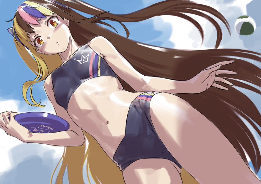 1girl absurdres ball beachball bikini blue_bikini brown_eyes brown_hair chestnut_mouth commentary cowboy_shot day dutch_angle frisbee galaco highres holding long_hair looking_at_viewer multicolored_hair outdoors parted_lips sketch solo streaked_hair swimsuit tarokazu very_long_hair vocaloid