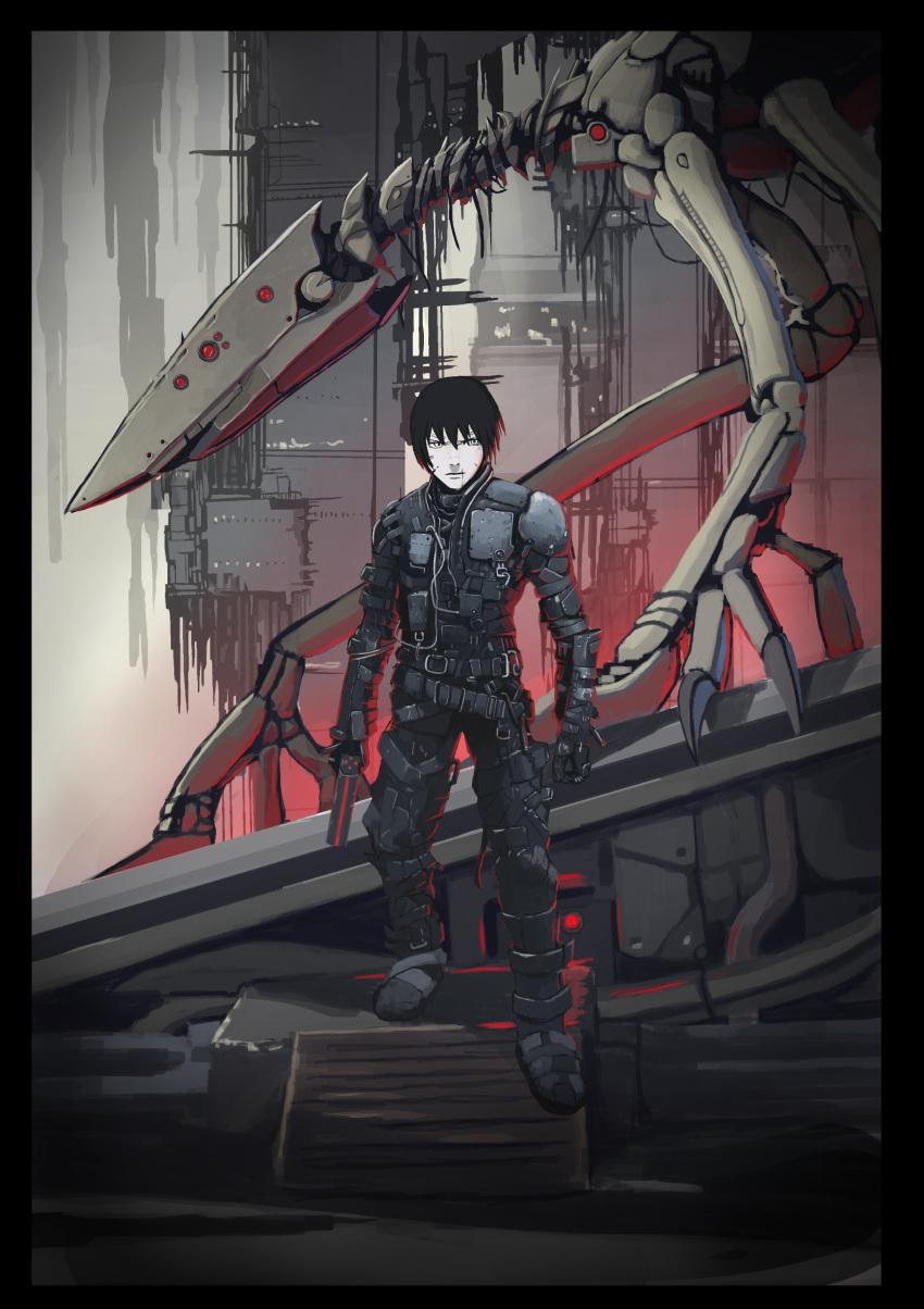 1boy absurdres belt black_hair blame! bodysuit graviton_beam_emitter gun handgun highres holding holding_gun holding_weapon killy male_focus pakanowaguma pale_skin robot scar short_hair standing structure weapon