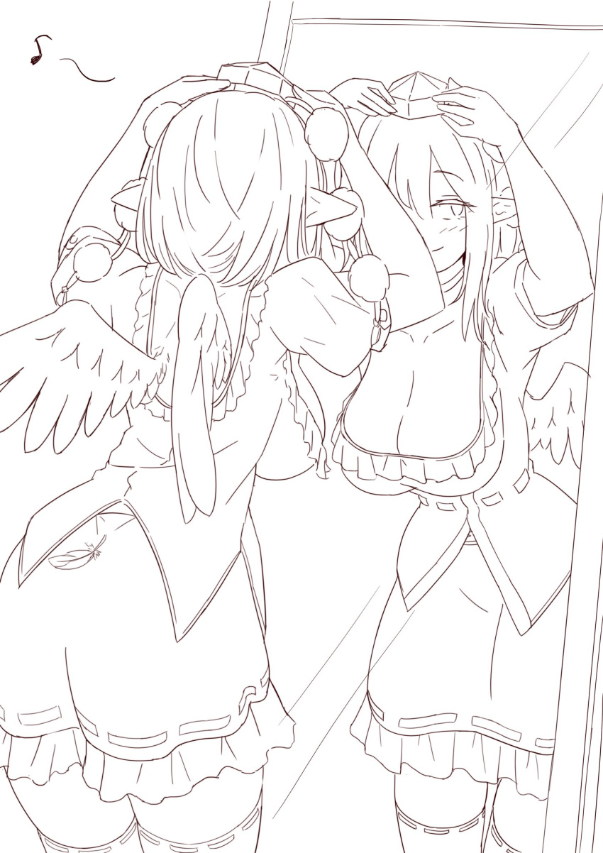1girl ass back_cutout bird_wings breasts cleavage closed_mouth clothing_cutout commentary_request feathered_wings frilled_skirt frills greyscale hat highres kagami_toufu large_breasts looking_at_mirror medium_hair mirror monochrome musical_note pointy_ears pom_pom_(clothes) puffy_short_sleeves puffy_sleeves reflection ribbon-trimmed_thighhighs ribbon_trim shameimaru_aya shirt short_sleeves skirt smile solo thighhighs tokin_hat touhou wings