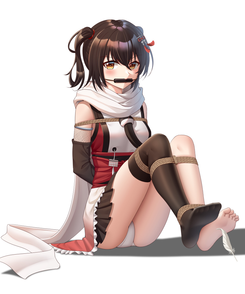 1girl absurdres arms_behind_back bdsm black_gloves black_legwear black_skirt bound bound_arms bound_legs brown_eyes brown_hair chinese_commentary commentary elbow_gloves feathers feet gag gagged gloves highres kantai_collection miniskirt panties pleated_skirt remodel_(kantai_collection) scarf school_uniform sendai_(kancolle) serafuku single_thighhigh sitting skirt solo thighhighs tickling tied_up two_side_up underwear white_panties white_scarf wo_cao_xiao