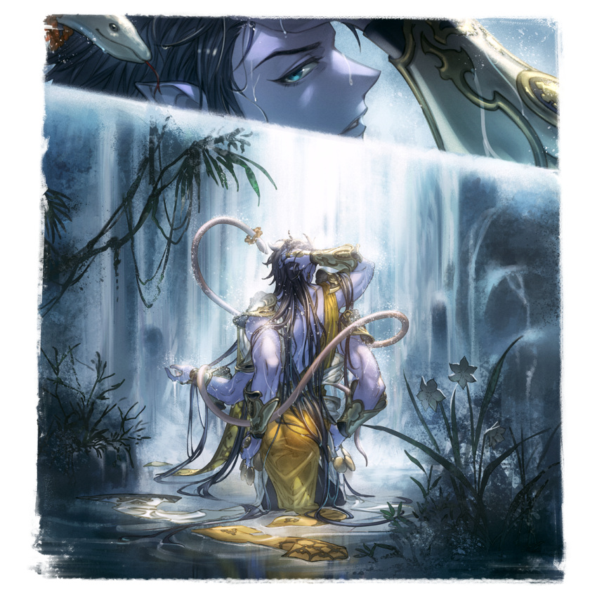 1boy ass black_hair blue_eyes branch colored_skin extra_arms from_behind gauntlets granblue_fantasy hair_ornament jewelry leaf long_hair looking_at_viewer nature official_art outdoors plant pointy_ears purple_skin robe shiva_(granblue_fantasy) snake transparent_background very_long_hair water waterfall wet wet_clothes