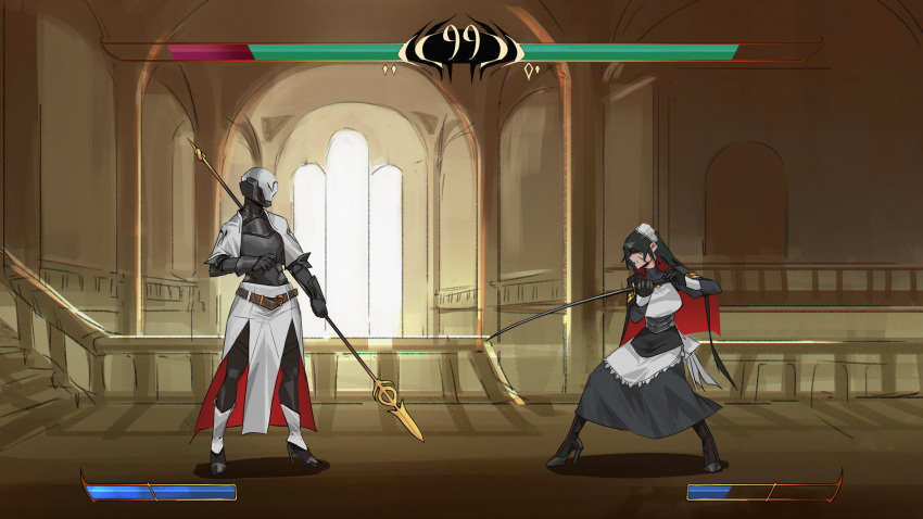 1girl 1other absurdres ambiguous_gender armor belt black_gloves black_hair blindfold boots breastplate capelet commentary english_commentary fighting_game fighting_stance full_body gameplay_mechanics gauntlets gloves health_bar helm helmet high_heel_boots high_heels highres indoors katana legs_apart less long_hair maid maid_headdress original plate_armor polearm spear standing sword weapon