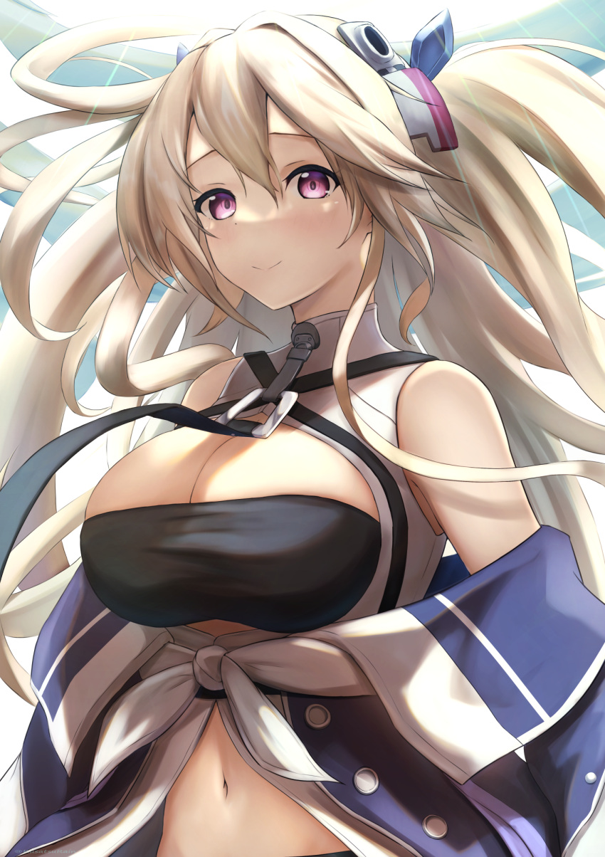 1girl amano_kusatsu anchorage_(azur_lane) azur_lane bangs bare_shoulders black_neckwear black_shorts blue_coat blush breasts brown_hair cleavage closed_mouth coat commentary_request floating_hair groin hair_between_eyes headgear highres large_breasts light_rays long_hair long_sleeves looking_at_viewer mechanical_halo midriff navel off_shoulder partial_commentary purple_eyes shirt shorts sidelocks simple_background sleeveless sleeveless_shirt smile solo standing tied_shirt twintails twitter_username upper_body very_long_hair white_background white_shirt