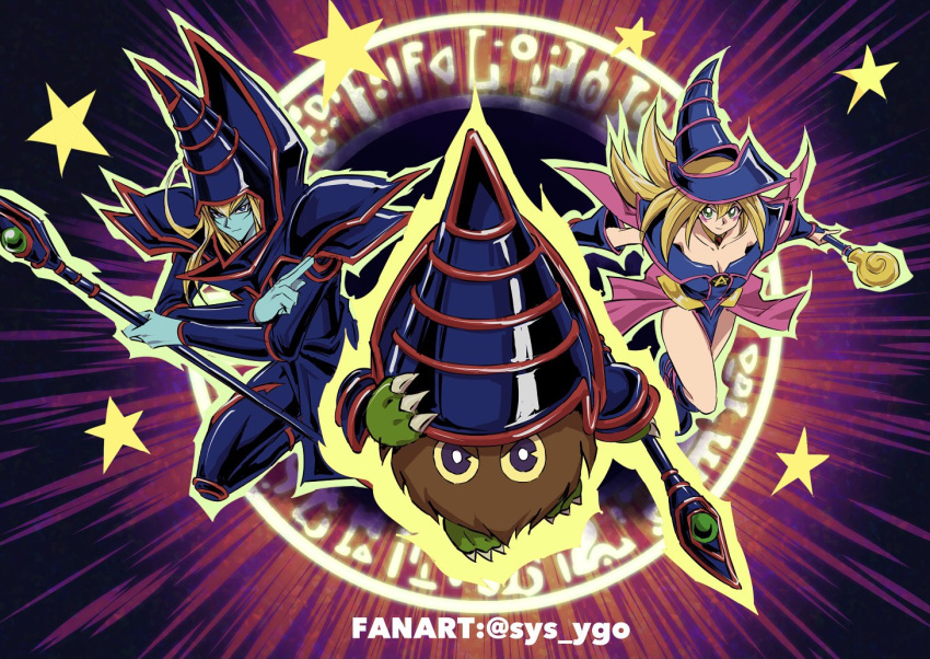 1boy 1girl bangs blonde_hair blue_footwear blush_stickers boots breasts cleavage closed_mouth collarbone colored_skin commentary_request dark_magician dark_magician_girl duel_monster floating_hair green_eyes green_skin hat holding holding_staff holding_wand kuriboh long_hair looking_at_viewer outline smile soya_(sys_ygo) staff star_(symbol) twitter_username wand yu-gi-oh!