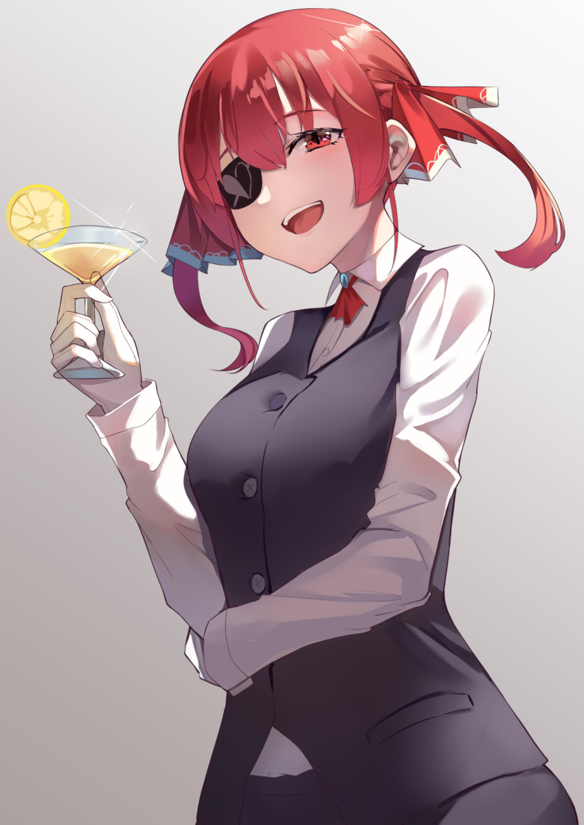 1girl :d black_eyepatch blush breasts buttons cocktail cocktail_glass collared_shirt cowboy_shot cup donggua_bing_cha dress_shirt drinking_glass eyepatch formal gloves hair_ribbon highres hololive houshou_marine large_breasts looking_at_viewer medium_hair open_mouth red_eyes red_hair red_neckwear red_ribbon ribbon shirt smile solo suit twintails vest virtual_youtuber waistcoat white_gloves white_shirt