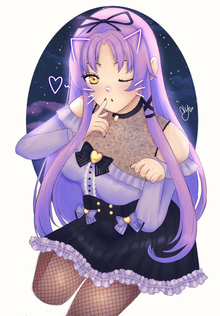 1girl bare_shoulders claw_pose curtained_hair drawn_ears drawn_whiskers dress eiyuu_densetsu english_commentary fishnet_pantyhose fishnets heart highres kuro_no_kiseki_(series) long_hair looking_at_viewer meliaphie off-shoulder_dress off_shoulder one_eye_closed pantyhose parted_bangs purple_hair renne_(eiyuu_densetsu) smile solo two_side_up upper_body yellow_eyes