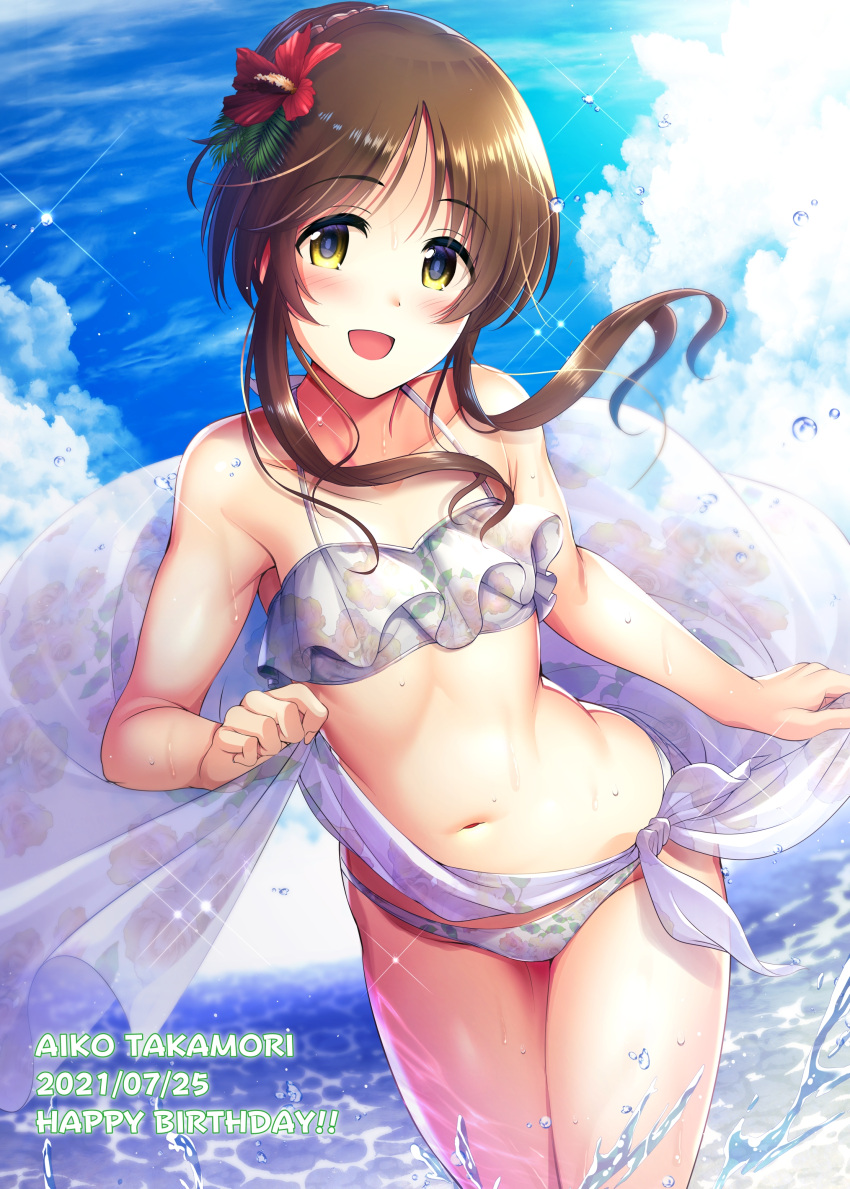 1girl absurdres armpit_crease bikini blue_sky blush brown_hair character_name cloud dated day flat_chest flower hair_flower hair_ornament happy_birthday highres idolmaster idolmaster_cinderella_girls long_hair looking_at_viewer md5_mismatch ment navel ocean open_mouth outdoors ponytail red_flower resolution_mismatch short_hair short_hair_with_long_locks sky smile solo source_larger splashing swimsuit takamori_aiko wading white_bikini yellow_eyes