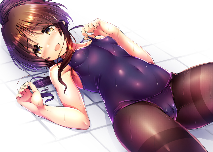 1girl black_legwear blue_swimsuit breasts brown_eyes brown_hair cameltoe covered_navel covered_nipples idolmaster idolmaster_cinderella_girls long_hair lying ment old_school_swimsuit on_back one-piece_swimsuit pantyhose pantyhose_under_swimsuit school_swimsuit small_breasts solo swimsuit takamori_aiko thighband_pantyhose wet wet_clothes wet_swimsuit