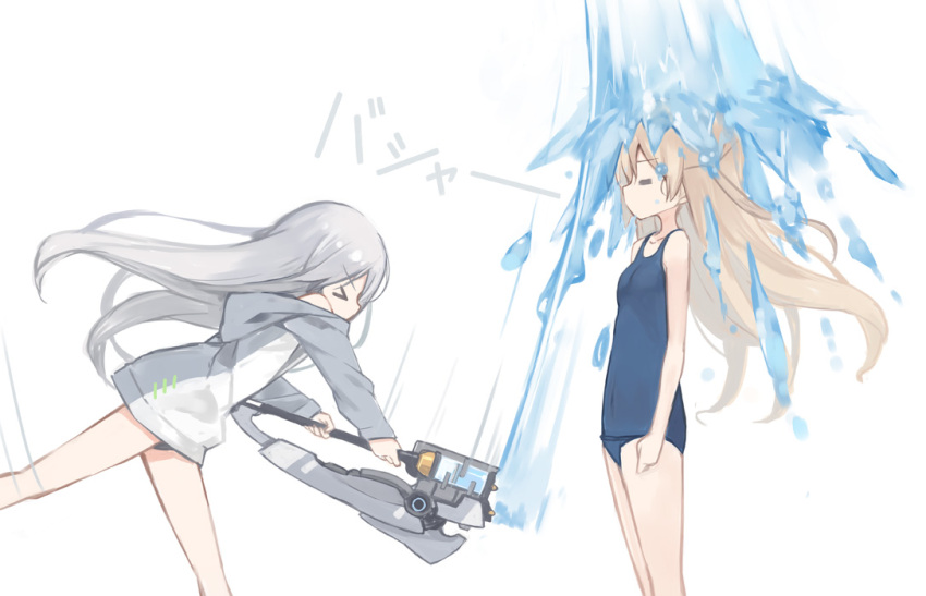 &gt;_&lt; 2girls =_= barefoot blonde_hair eyebrows_visible_through_hair holding holding_sword holding_weapon hood hoodie jacket long_hair multiple_girls one-piece_swimsuit original poco_(asahi_age) profile school_swimsuit silver_hair simple_background splashing striped swimsuit swimsuit_under_clothes sword water weapon wet white_background