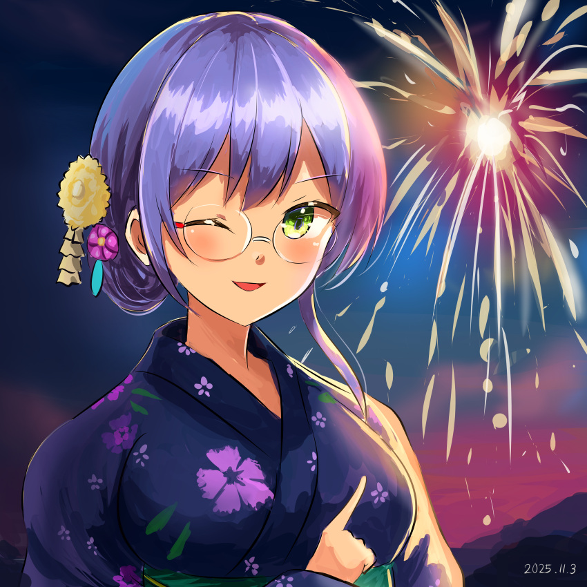 1girl absurdres aerial_fireworks atnamiret commentary_request fireworks floral_print floral_print_kimono glasses green_eyes hair_ornament heaven_burns_red highres izumi_yuki izumi_yuki_(stewartia_dazzling_noctilucent_star) japanese_clothes kimono looking_at_viewer one_eye_closed open_mouth pointing pointing_at_object print_kimono upper_body